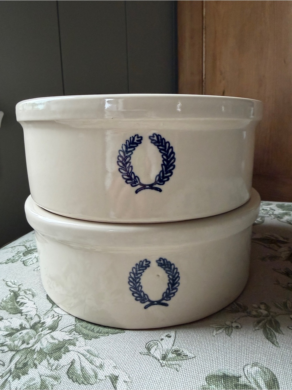 Farmhouse Pottery Set of 2 Laurel Stoneware Dog Bowls | Blue Wreath | Pet Bowls